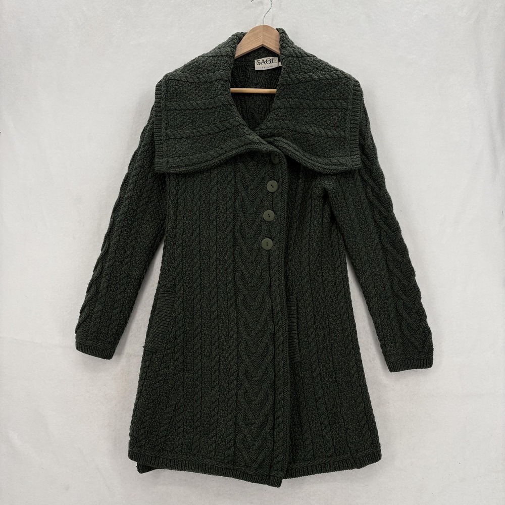 SAOL Ireland Cardigan Sweater Womens Medium Green 100% Merino Wool Collared Coat